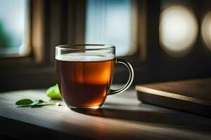 en kopp av te sitter på en tabell i främre av en fönster. ai-genererad foto