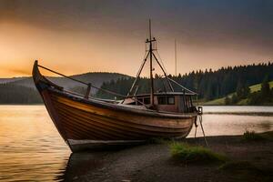 en båt sitter på de Strand av en sjö på solnedgång. ai-genererad foto