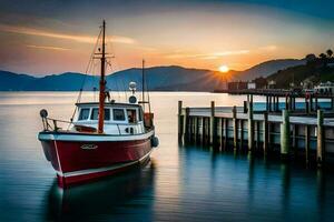 en båt dockad på de docka på solnedgång. ai-genererad foto