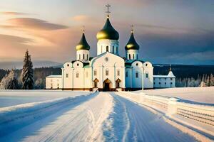 en kyrka i de snö med två kupoler. ai-genererad foto