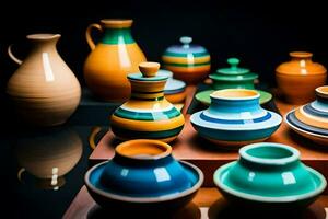 en samling av färgrik keramisk vaser och skålar. ai-genererad foto