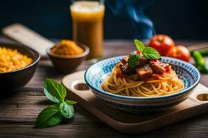 spaghetti med kött och grönsaker i en skål. ai-genererad foto