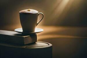 en kopp av kaffe på topp av böcker. ai-genererad foto