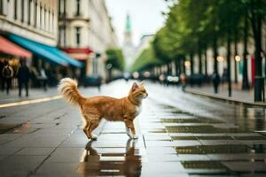 ett orange katt gående på en våt gata. ai-genererad foto