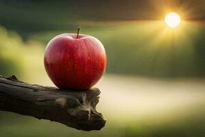 ett äpple är Sammanträde på en gren med de Sol lysande i de bakgrund. ai-genererad foto