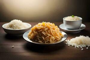 tre skålar av ris och en tallrik av ris. ai-genererad foto
