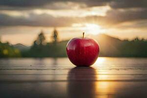 ett äpple sitter på en tabell i främre av de Sol. ai-genererad foto