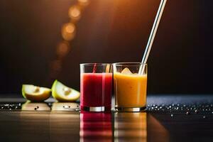 två glasögon av juice med strån och äpplen. ai-genererad foto