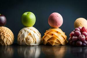 en grupp av annorlunda desserter med frukt på topp. ai-genererad foto