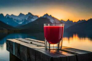 en glas av juice sitter på en trä- pir utsikt en sjö. ai-genererad foto