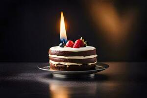 en små kaka med en ljus på topp. ai-genererad foto