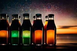 sex flaskor av annorlunda färgad flytande är fodrad upp mot en mörk bakgrund. ai-genererad foto