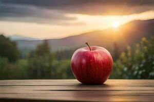 ett äpple sitter på en trä- tabell i främre av en solnedgång. ai-genererad foto