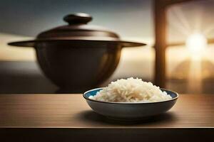 en skål av ris på en tabell med en pott i de bakgrund. ai-genererad foto