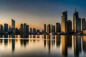 de stad horisont på solnedgång i dubai. ai-genererad foto