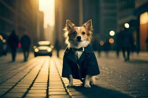 en hund bär en jacka och slips stående på en gata. ai-genererad foto