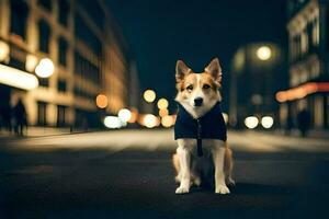 en hund i en jacka Sammanträde på de gata på natt. ai-genererad foto