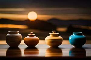 fyra vaser är fodrad upp mot en solnedgång. ai-genererad foto