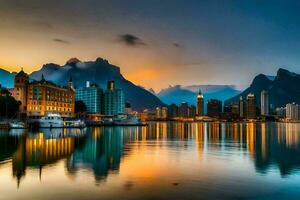 de stad horisont är reflekterad i de vatten på solnedgång. ai-genererad foto