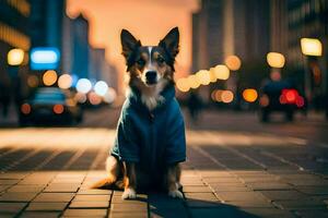 en hund bär en jacka sitter på de gata på natt. ai-genererad foto