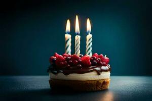 födelsedag kaka med ljus på en mörk bakgrund. ai-genererad foto