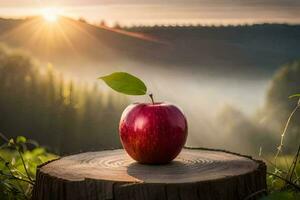 äpple på en stubbe i de skog. ai-genererad foto