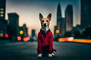 en hund bär en röd jacka Sammanträde på de gata. ai-genererad foto