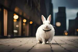 vit kanin på en tegel gata på natt. ai-genererad foto