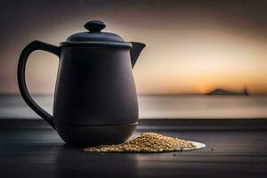 en kaffe pott och korn på en tabell med de Sol miljö. ai-genererad foto