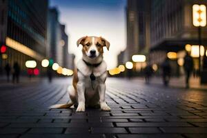 en hund Sammanträde på de gata i en stad. ai-genererad foto