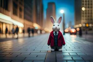 en kanin bär en röd jacka och slips stående på en gata. ai-genererad foto