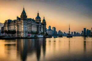 de bund i shanghai på solnedgång. ai-genererad foto