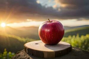 ett äpple sitter på topp av en stubbe i främre av en solnedgång. ai-genererad foto