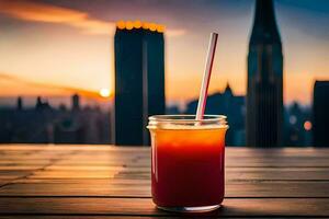 en glas av juice med en sugrör på en tabell i främre av en stad horisont. ai-genererad foto
