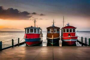 tre båtar dockad på de pir på solnedgång. ai-genererad foto