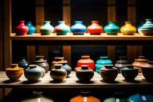 en samling av färgrik vaser på en hylla. ai-genererad foto