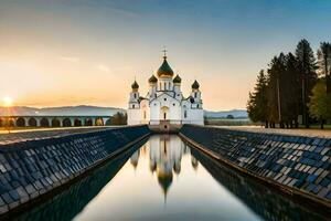 de Sol stiger över de ryska katedral i de stad av kazan. ai-genererad foto