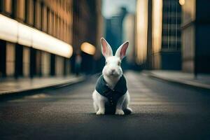 en vit kanin i en kostym stående i de mitten av en stad gata. ai-genererad foto