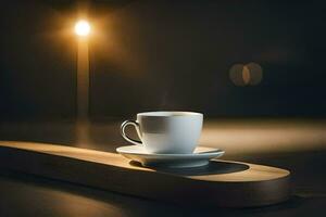 en kopp av kaffe på en trä- tabell med en ljus Bakom Det. ai-genererad foto