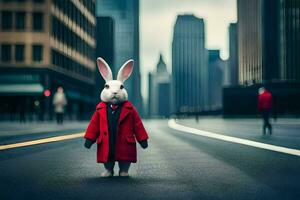 en kanin bär en röd täcka och slips stående i de mitten av en stad gata. ai-genererad foto