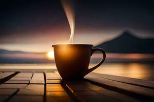 en kopp av kaffe på en trä- tabell med de Sol miljö Bakom Det. ai-genererad foto