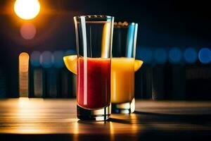 två glasögon av orange juice på en trä- tabell. ai-genererad foto