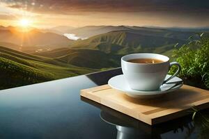 en kopp av te på en tabell i de berg. ai-genererad foto