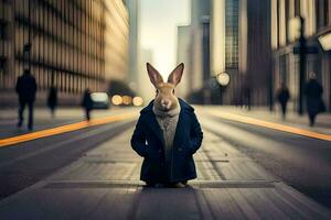 en kanin bär en täcka och slips stående på de gata. ai-genererad foto