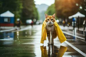 en katt bär en gul regnkappa på en våt gata. ai-genererad foto