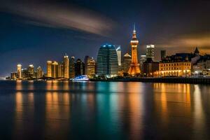 de stad horisont på natt med lampor reflekterande i de vatten. ai-genererad foto