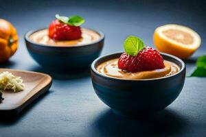 två skålar av pudding med jordgubbar och apelsiner. ai-genererad foto