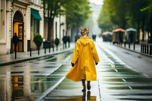 en räv i en gul regnkappa gående ner en gata. ai-genererad foto
