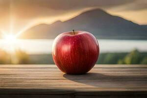 ett äpple sitter på en trä- tabell med bergen i de bakgrund. ai-genererad foto