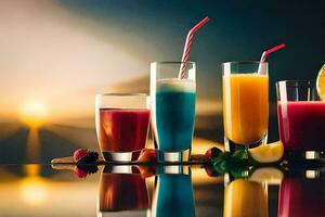 en grupp av drycker med annorlunda färger. ai-genererad foto